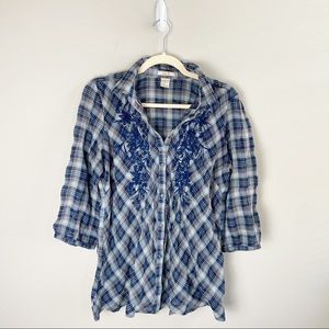 Zoe D. Blue Plaid Top With Floral Detailing